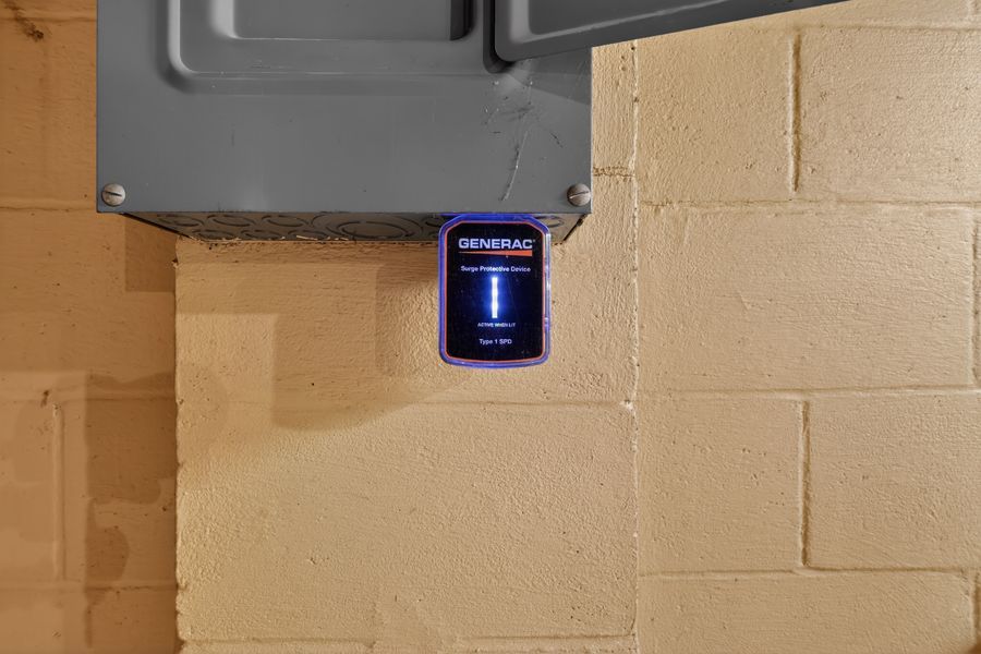 Generac home standby generator transfer switch mounted on basement wall next to electrical panel.