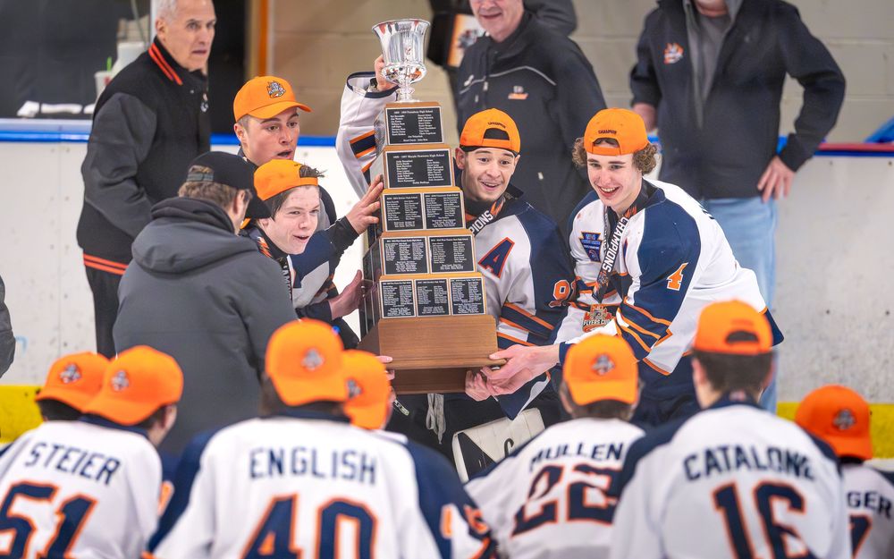 Hershey Trojans captians with the Flyers Cup trophy, by Deanna Fox, SportsFox Photography, Hershey PA