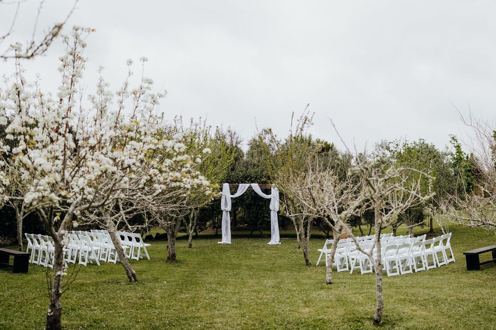 Outdoor wedding ceremony setup with white chairs and floral arch on green lawn surrounded by blooming trees.