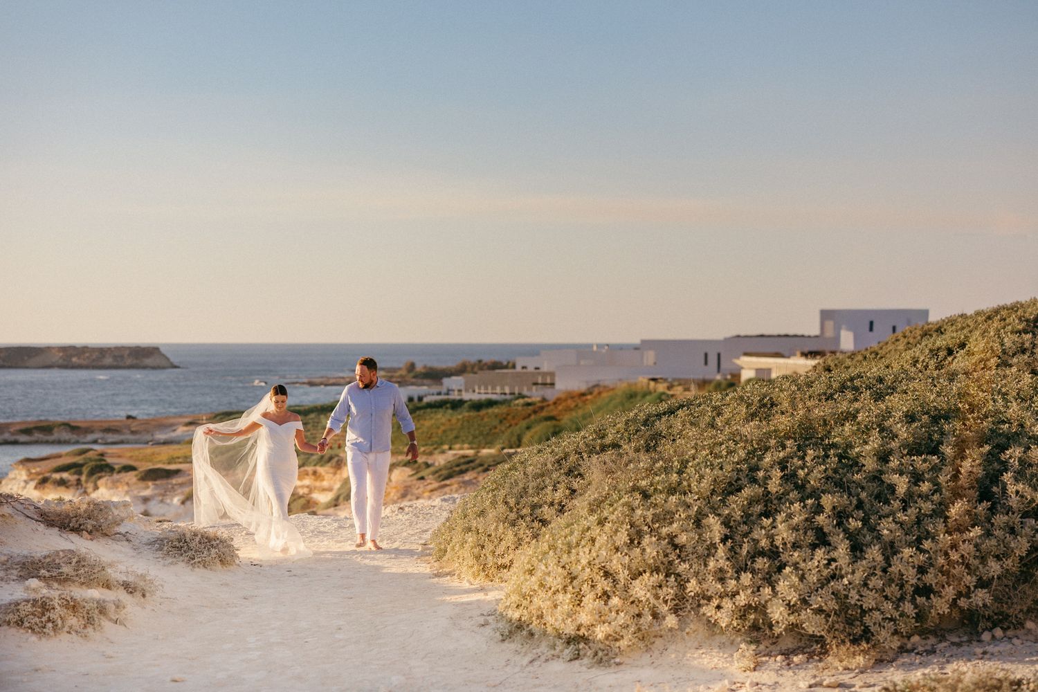 A panoramic view of a coastal beach with grassy dunes and white cliffs stretching along the shoreline.
