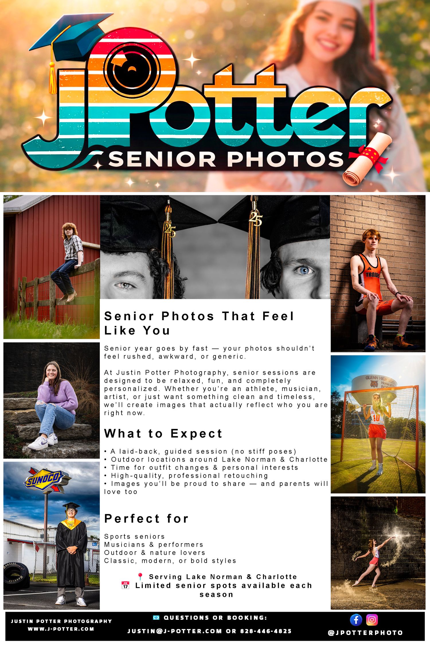 Collage of outdoor photography marketing materials showing portfolio samples and session information for senior portraits.