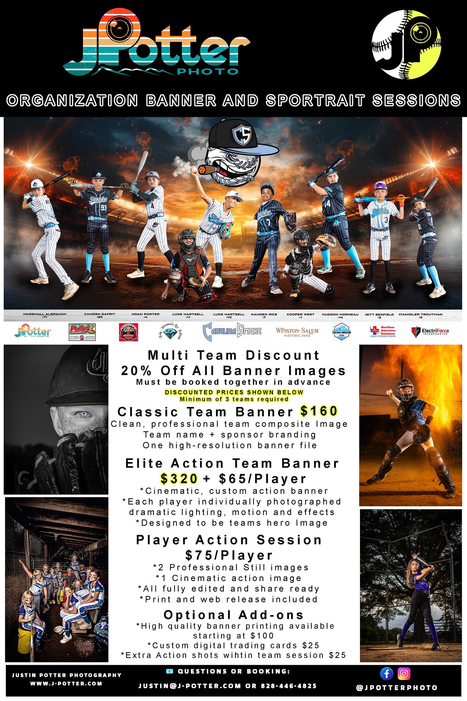 Sports photography pricing packages and banner options displayed on dark background with basketball action shots.