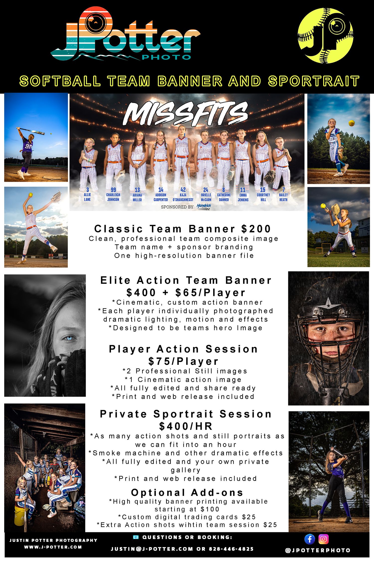 Sports photography pricing menu showing packages for team banners and individual portraits with dark background design.