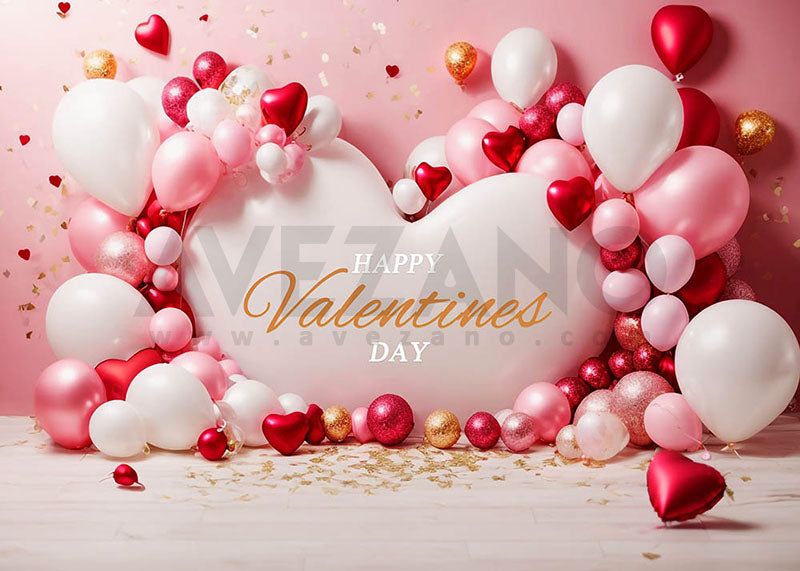 Valentine's Day backdrop with pink, red and white balloon arch, heart decorations and gold text against a pink background.