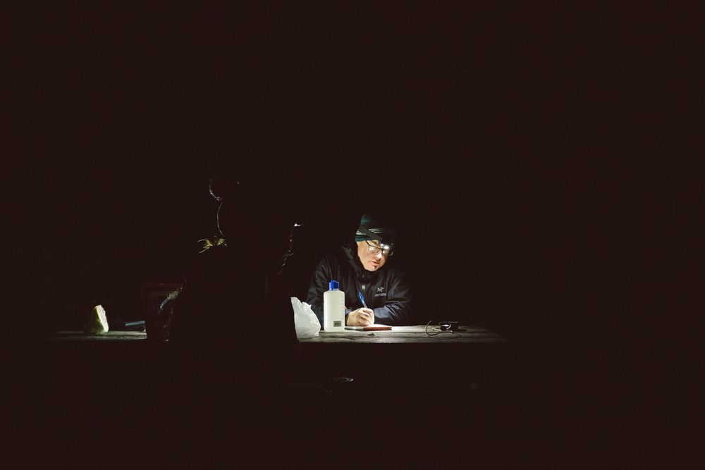 Silhouette of a performer on stage illuminated by dramatic spotlights during a theatrical performance.