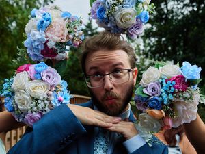 A collage of wedding bouquets featuring blue and white flowers with pastel accents arranged in different poses.