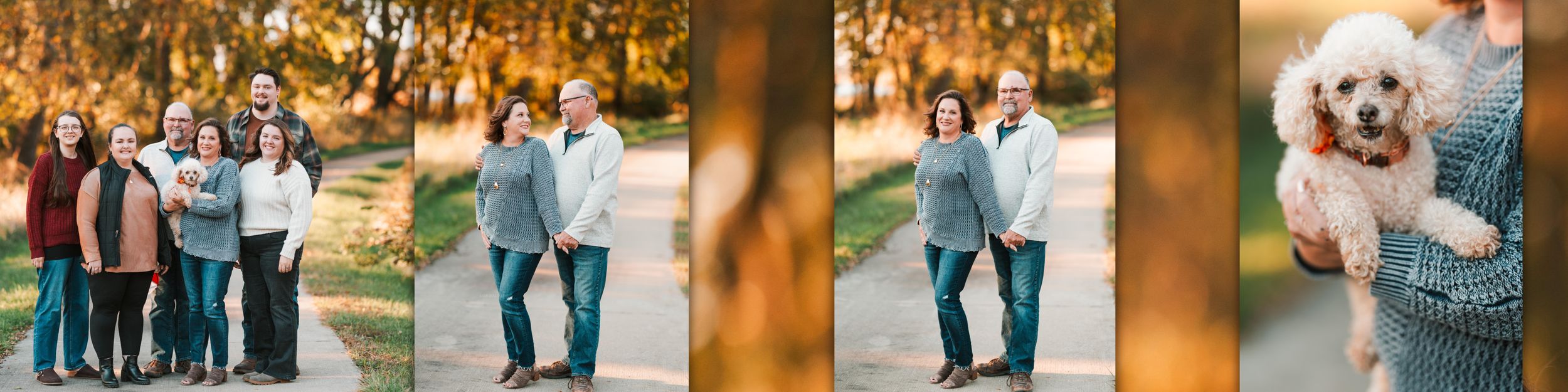 A series of engagement photos showing a couple in casual outfits walking and embracing in a rustic outdoor setting.