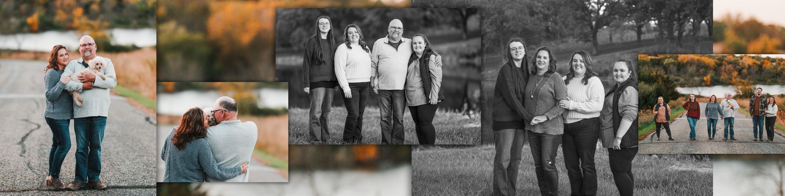 A series of black and white and color wedding photographs arranged in a horizontal filmstrip style collage.