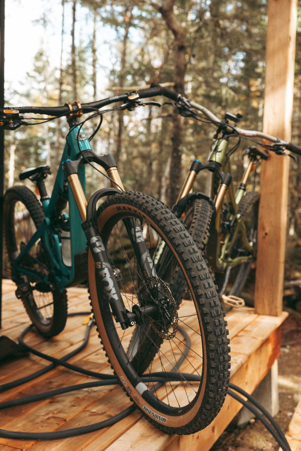 A teal mountain bike with knobby tires sits on a wooden deck surrounded by forest trees.