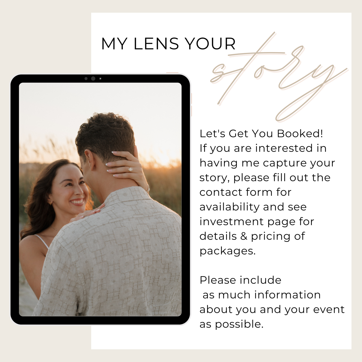 A series of professional photography booking form templates with elegant text and neutral tones.