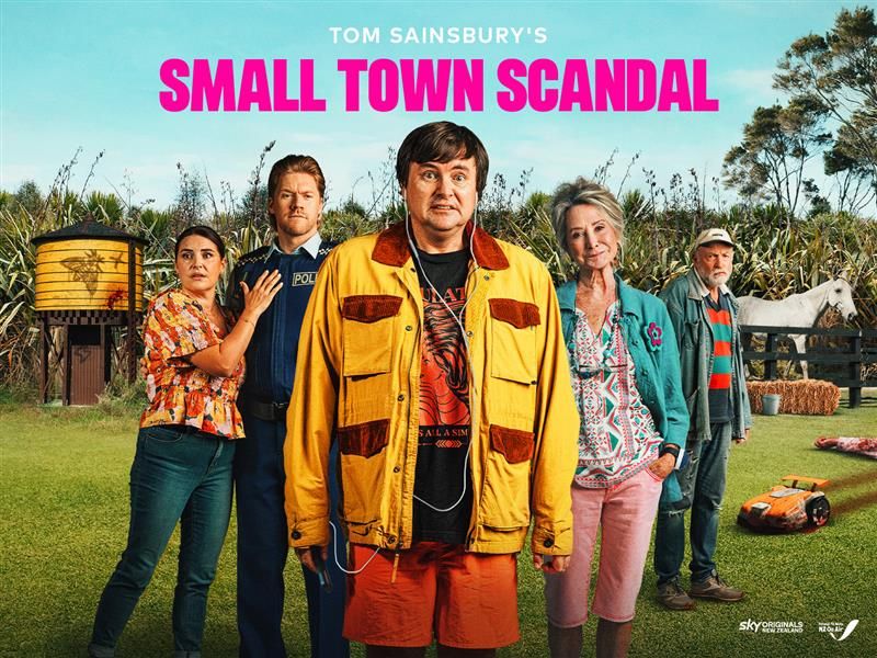 Key art image for Small Town Scandal with a line up of characters from the show. Tom Sainsbury's character is centre wearing a yellow jacket