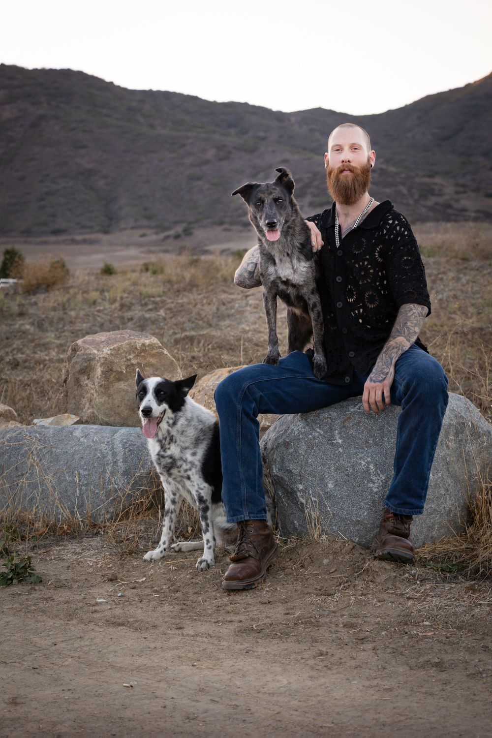 A person and two gray dogs sit together on a dirt path against a backdrop of rugged hills at sunset.