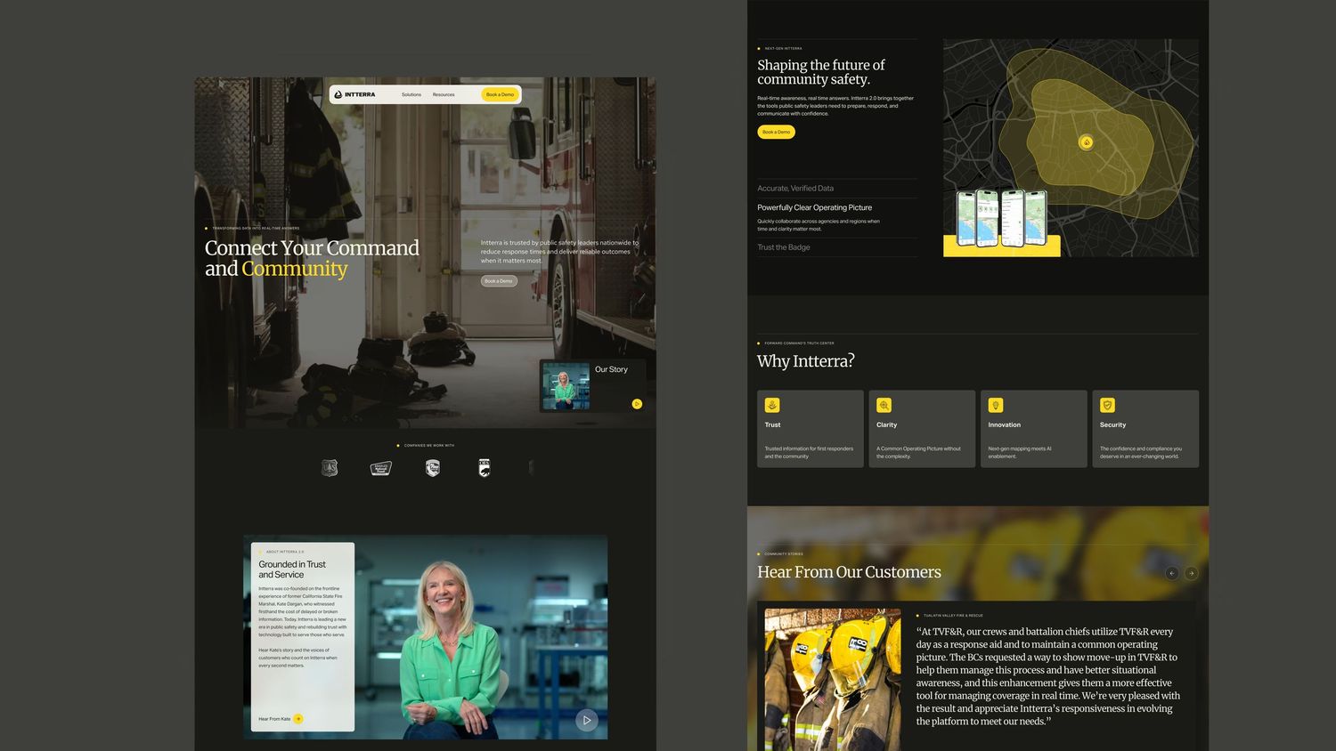 Collection of dark website interface mockups with yellow highlights and navigation elements.