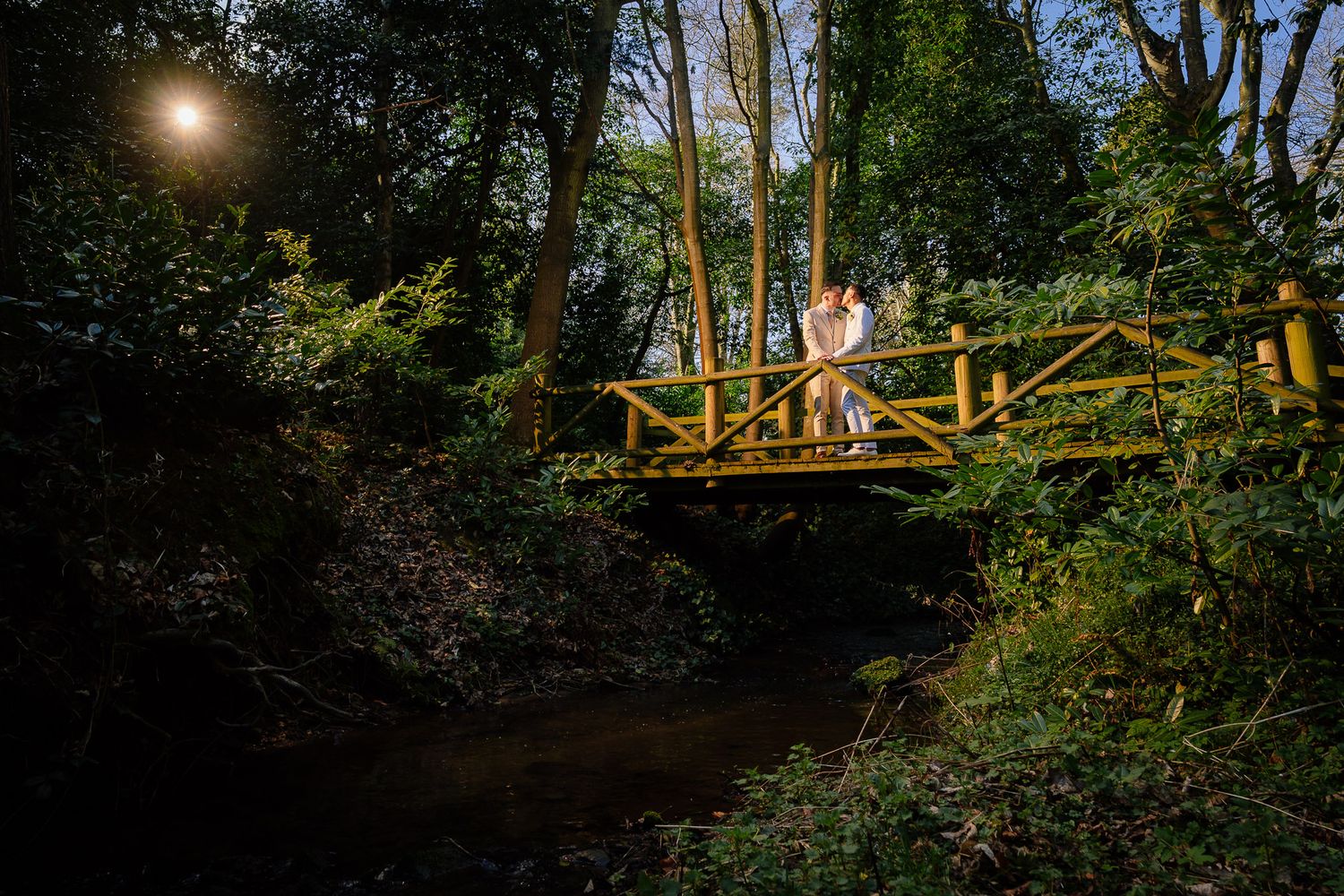 Sunlit forest pathway with natural wooden structures creating an enchanting outdoor setting. Ellingham Hall