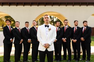 Groomsmen in black suits and red ties line up outdoors for a formal wedding party photo.