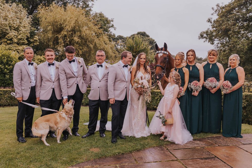 Wedding party poses outdoors in coordinated attire of blush pink and dark green formal wear at an outdoor venue.