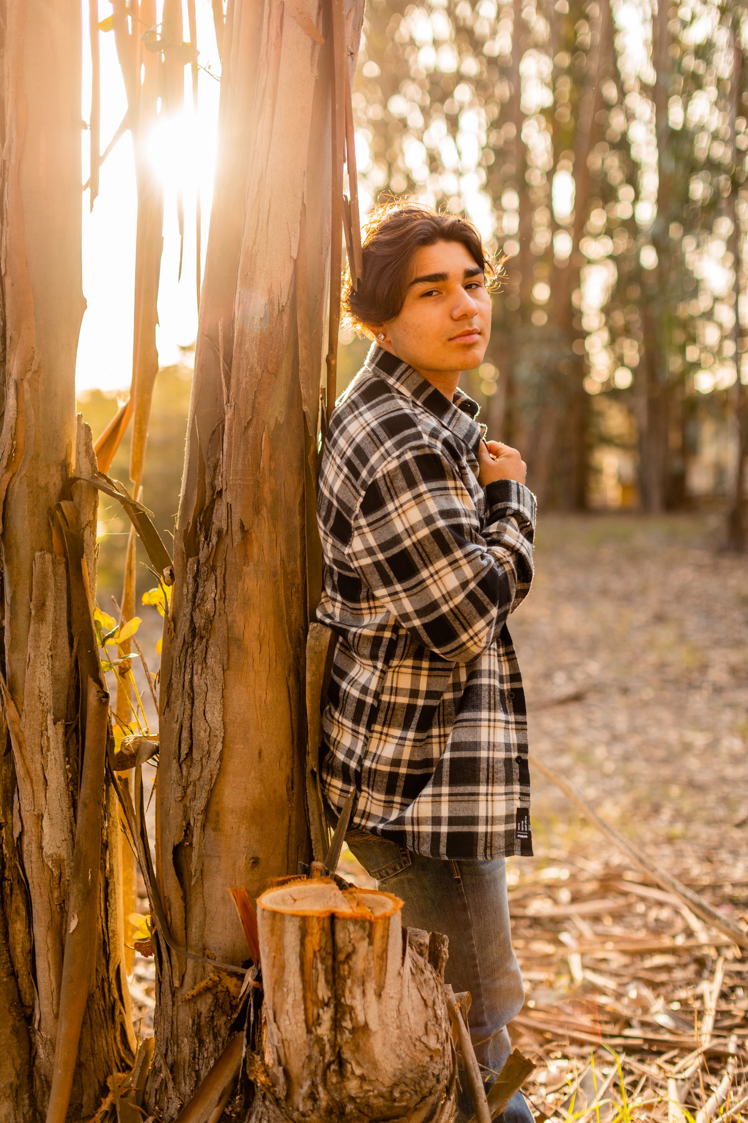 A person in a black and white plaid shirt poses against a tree trunk in golden afternoon light.