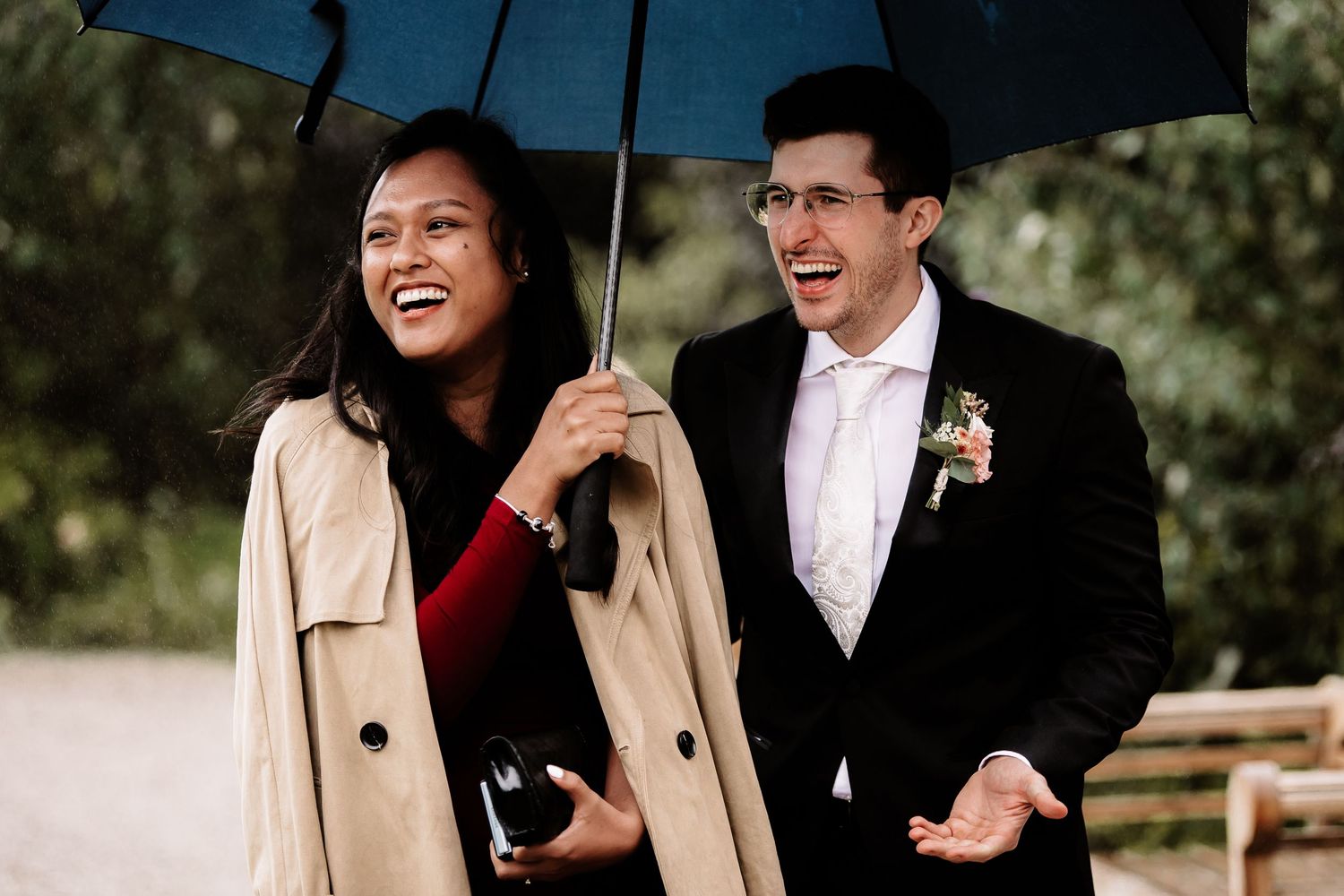 Candid wedding photo sequence showing joyful laughter and natural interactions outdoors.