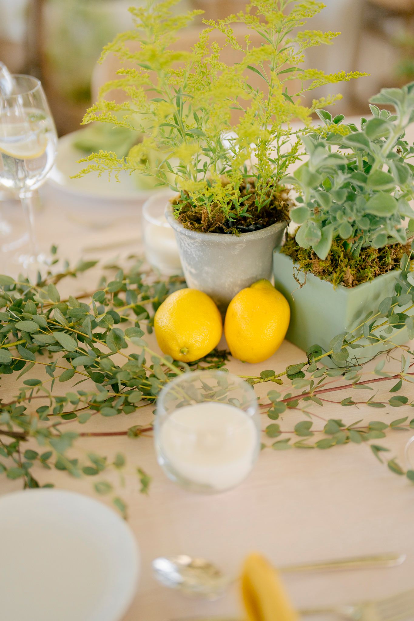Fresh lemons and delicate greenery create an elegant table centerpiece with white ceramic vessels and natural decor elements.