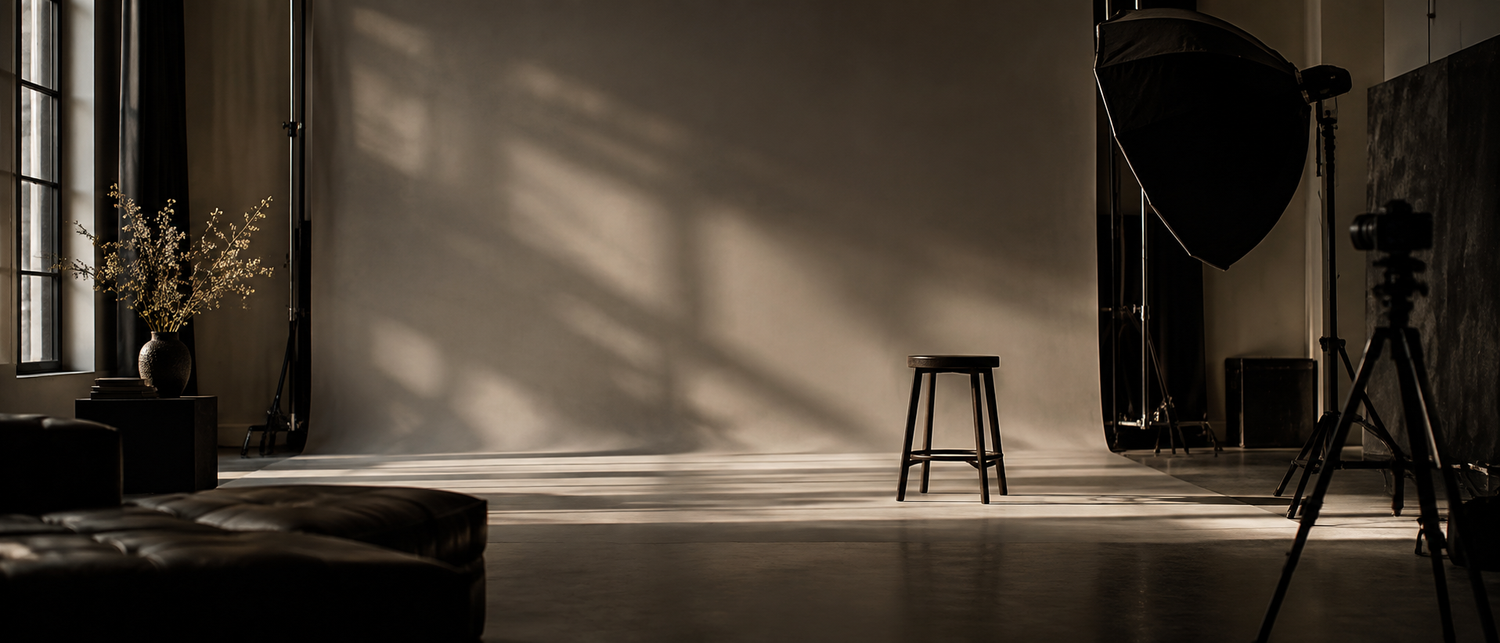 Minimalist photography studio with stool, softbox light, and dramatic shadows on neutral walls.