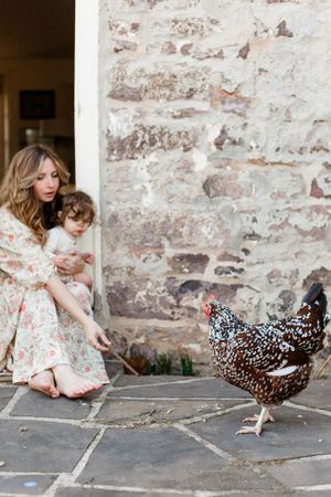 A spotted chicken walks across a stone patio while being observed.