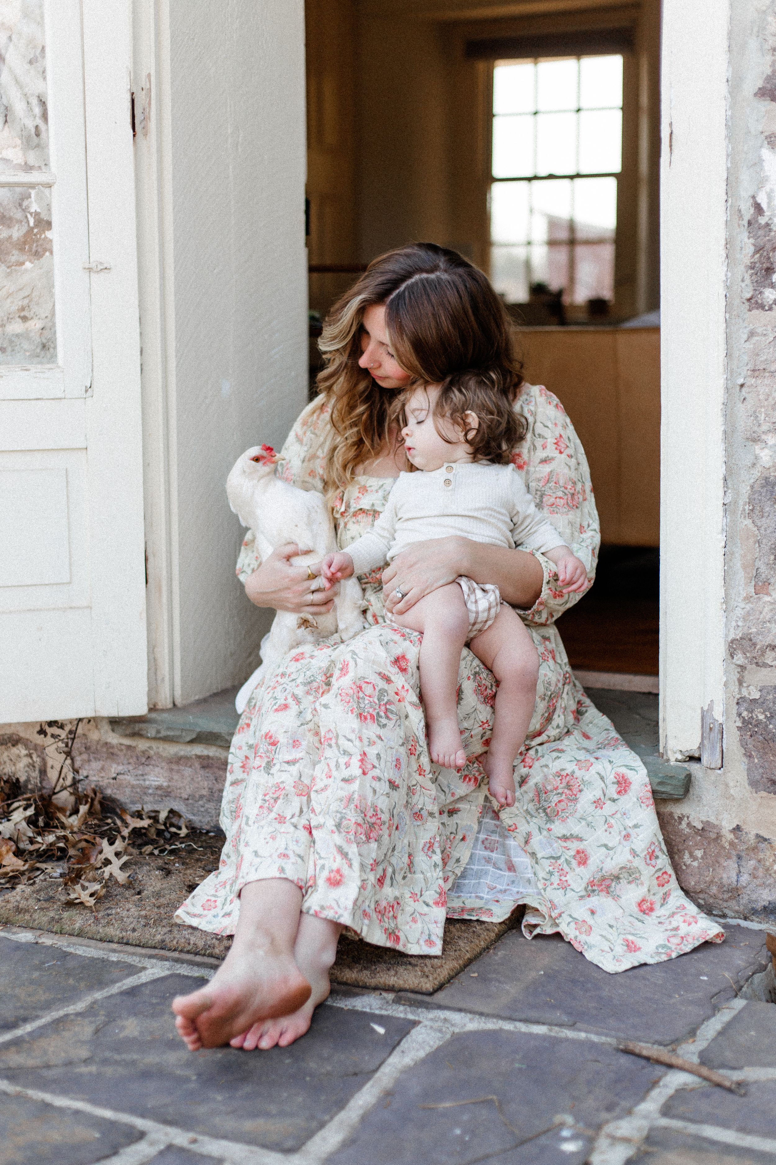 A series of intimate photos showing a person in a floral dress sitting on stone floor tiles with a baby.