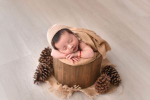 Rustic newborn photography setup features wooden bowl and pinecones on neutral backdrop.