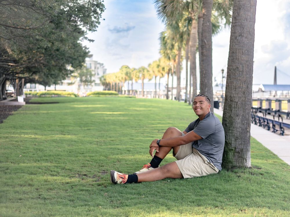 Someone relaxes against a palm tree on a grassy waterfront path lined with palm trees on a sunny day.
