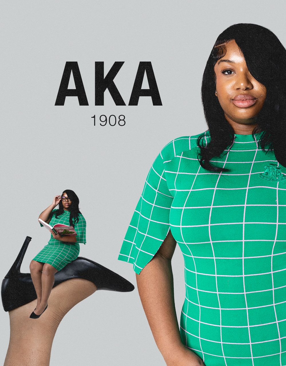Modern fashion photography series with text overlay and green gridded dress.