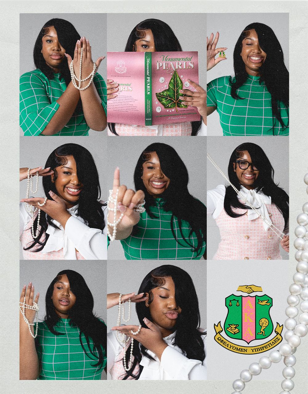 Photo collage showing various poses and expressions with green dress and sorority symbols.