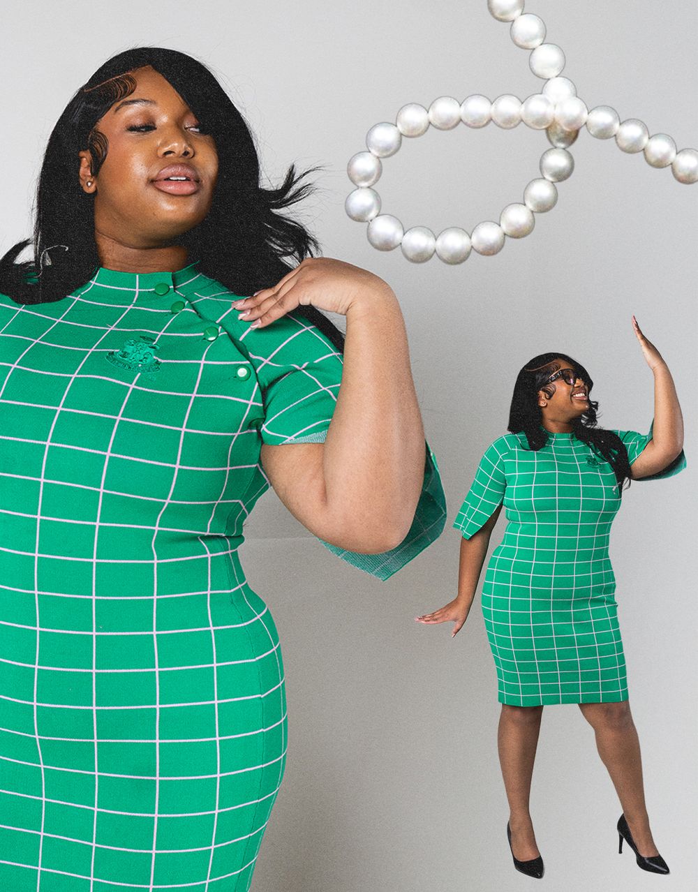 Creative portrait series with oversized pearl necklace and green grid pattern dress.