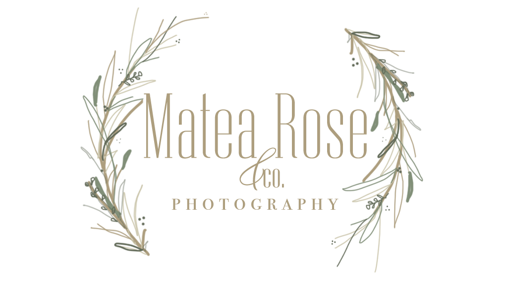 Matea Rose and Co Photography logo with elegant botanical leaf branch design.