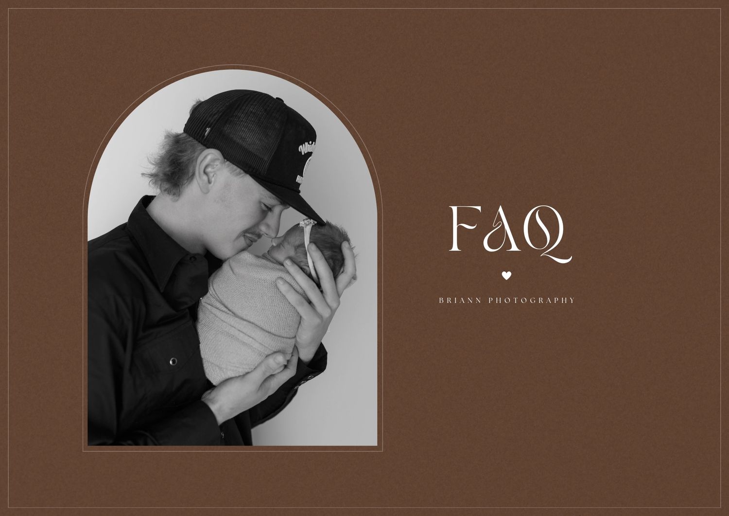Black and white photography FAQ page design featuring tender parent-child moment.