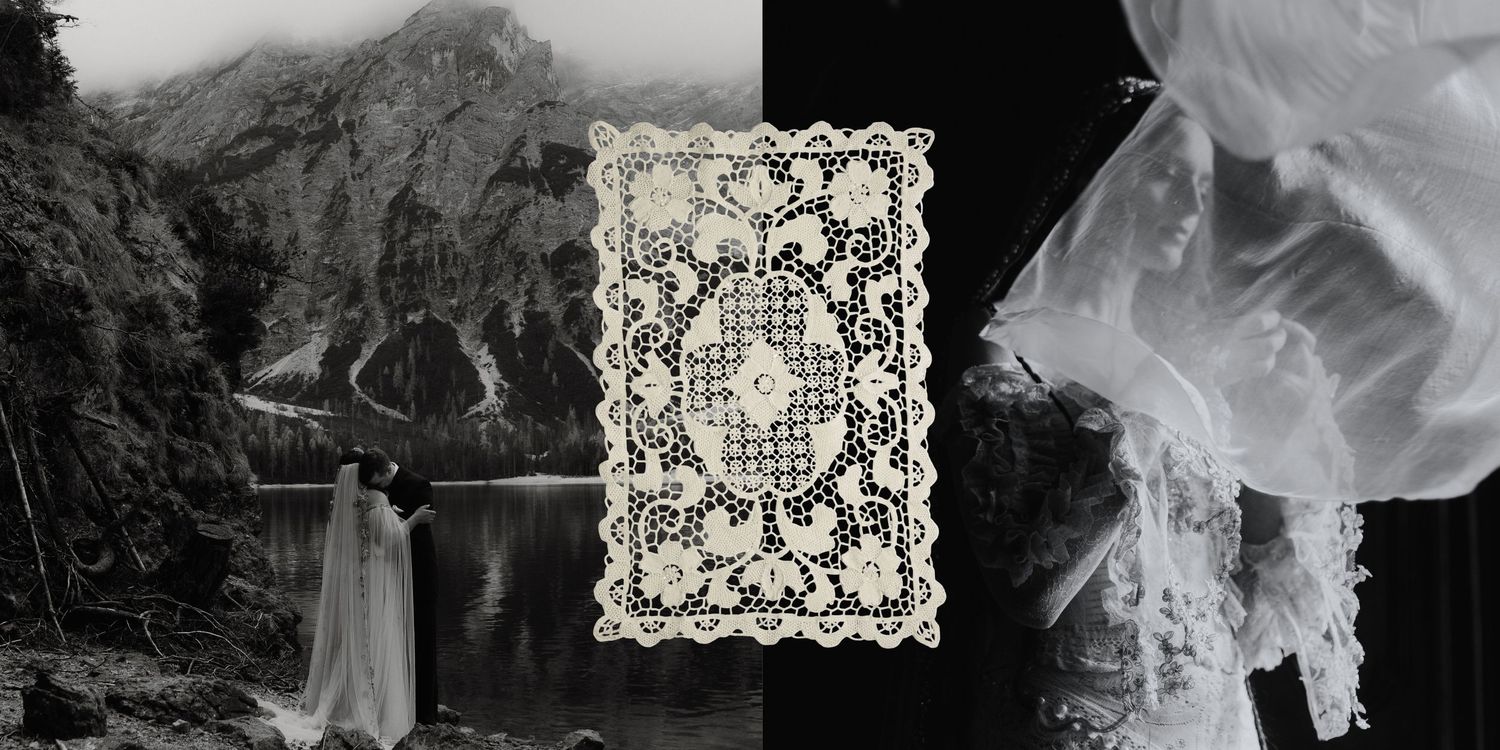 Vintage-style photo montage with lace pattern overlay and mountain scenery showcasing branding services for creatives.