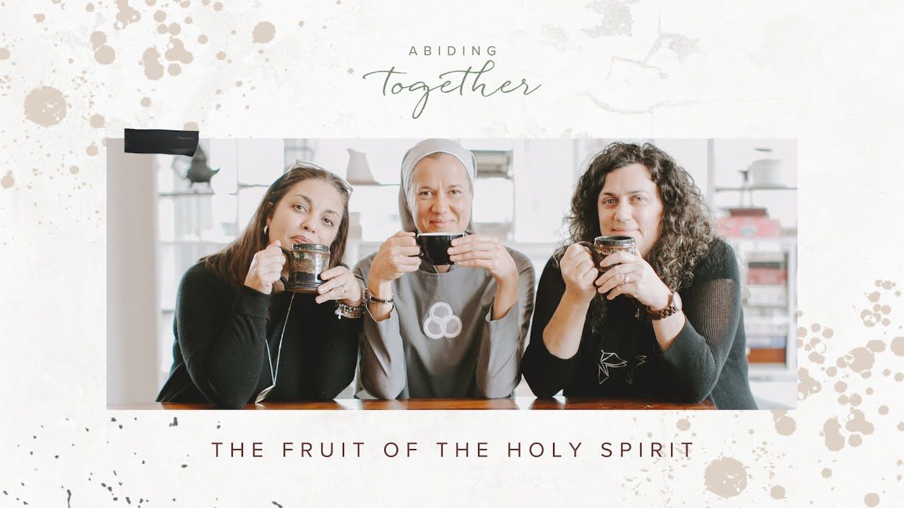 Three people sipping from cups in a cozy setting with text about the fruit of the holy spirit.