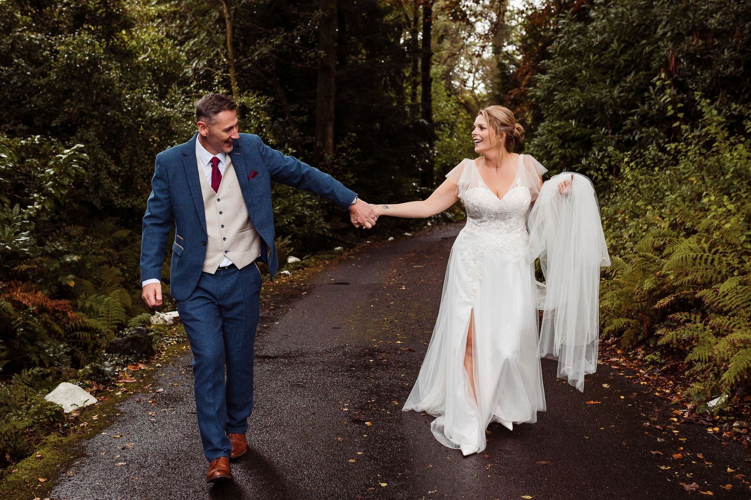 Bride and groom outside Lindeth Howe Hotel in the Lake District