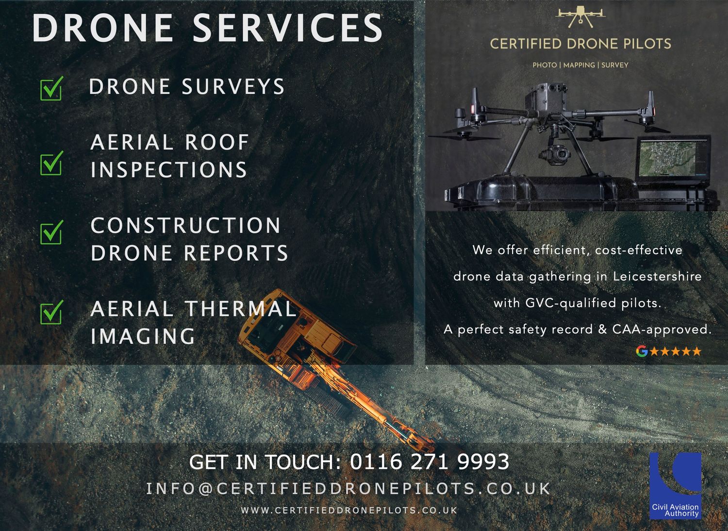 Professional drone services advertisement showcasing aerial surveys, roof inspections, construction and thermal imaging capabilities.