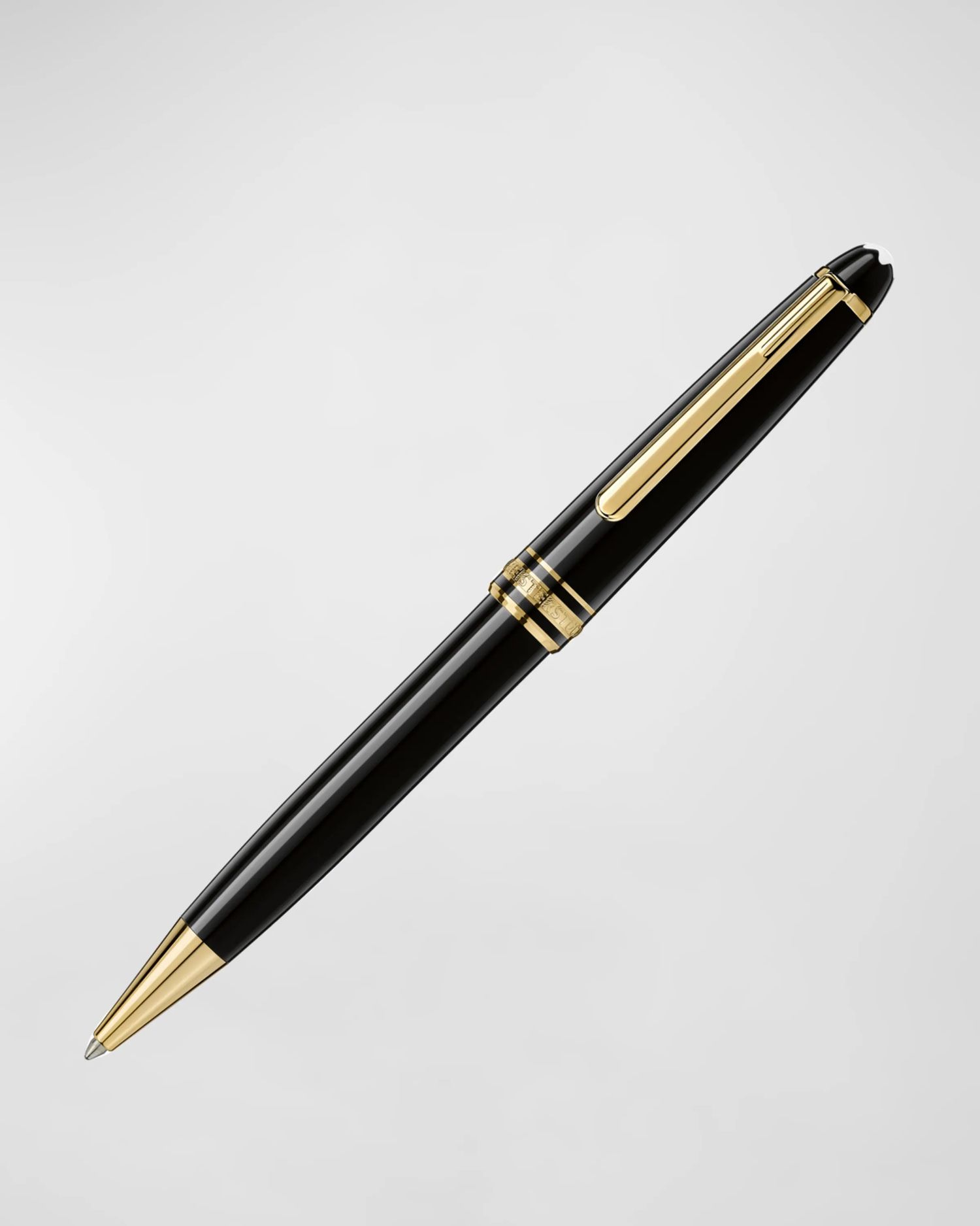 Elegant black and gold ballpoint pen shown from five different angles against a white background.