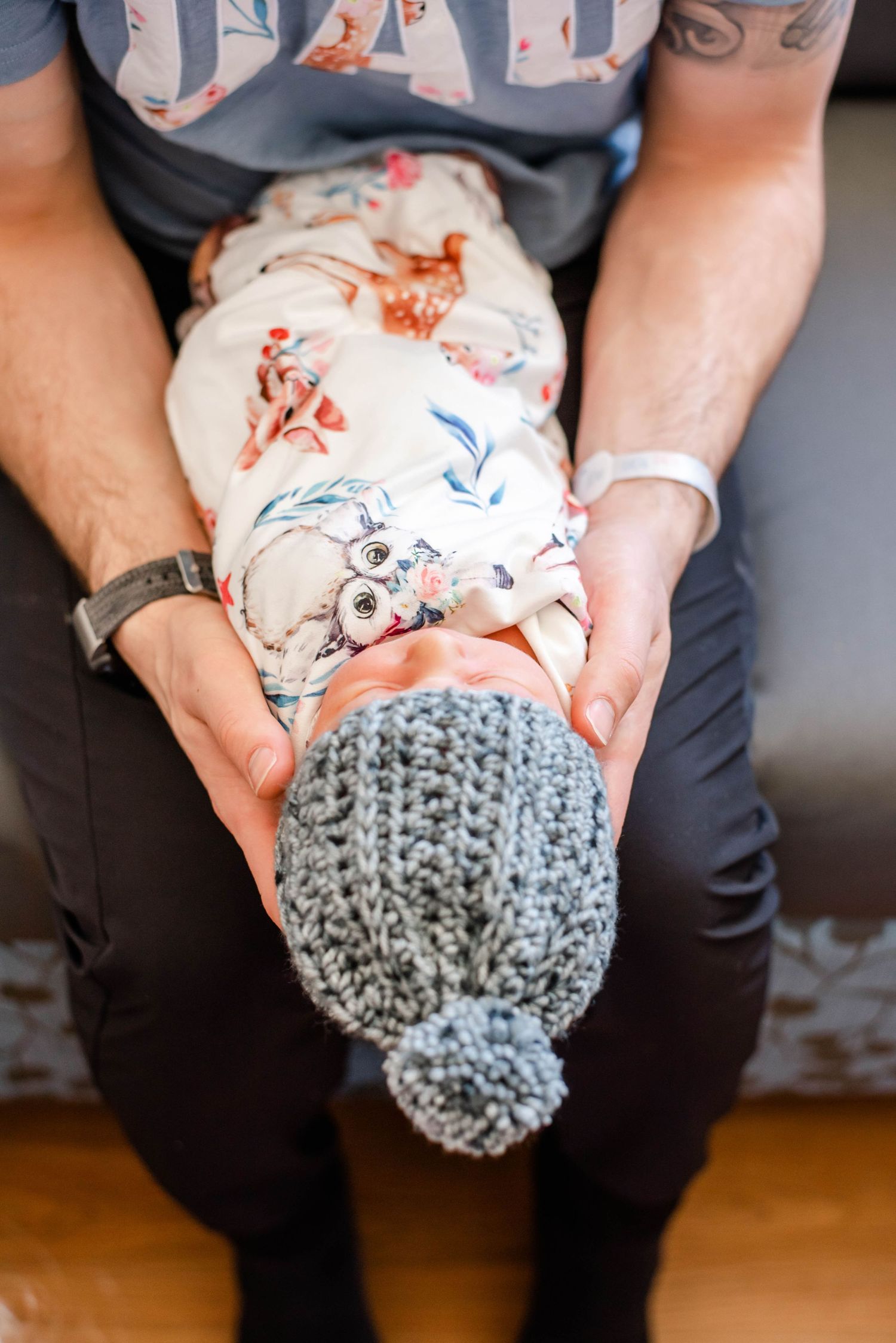 Close-up series of hands holding a cloth diaper with a gray knitted wool cover against dark pants.