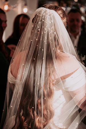 Close-up detail of a pearl-studded wedding veil flowing over blonde hair.