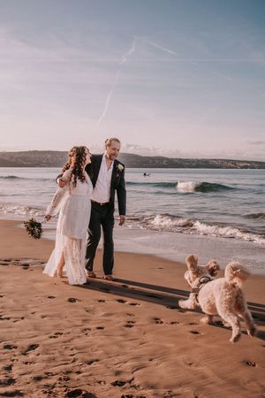 A couple in wedding attire walking on a beach with their dog playing in the waves.