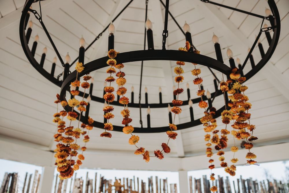 A series of large circular black chandeliers adorned with orange floral decorations hang from a white ceiling.