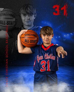 Basketball player in navy blue jersey number 31 poses against dramatic blue lighting and smoke effect background.