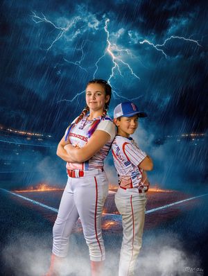 Baseball players pose back-to-back with lightning storm background effects.