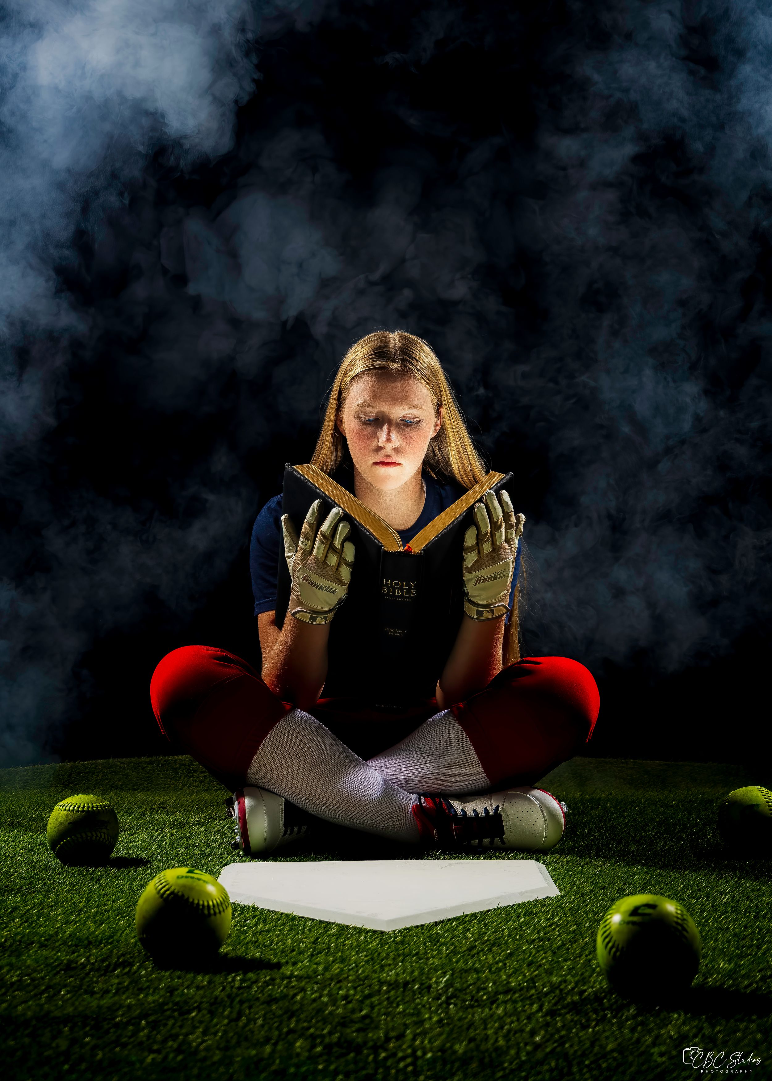 A dramatic series of four dark moody photographs showing tennis balls and reading on green grass with atmospheric lighting.