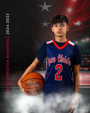 Basketball player in blue jersey holding ball with dramatic lighting and smoke effects in sports themed photoshoot.