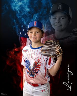 Youth baseball player in patriotic uniform with ghosted reflection in background.