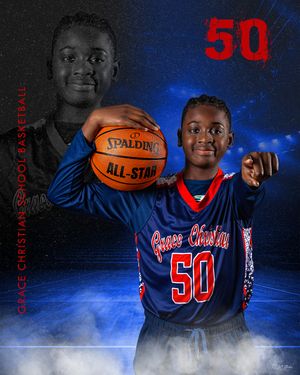 Young basketball player poses in blue jersey number 50 with Spalding All-Star ball against dramatic blue background.