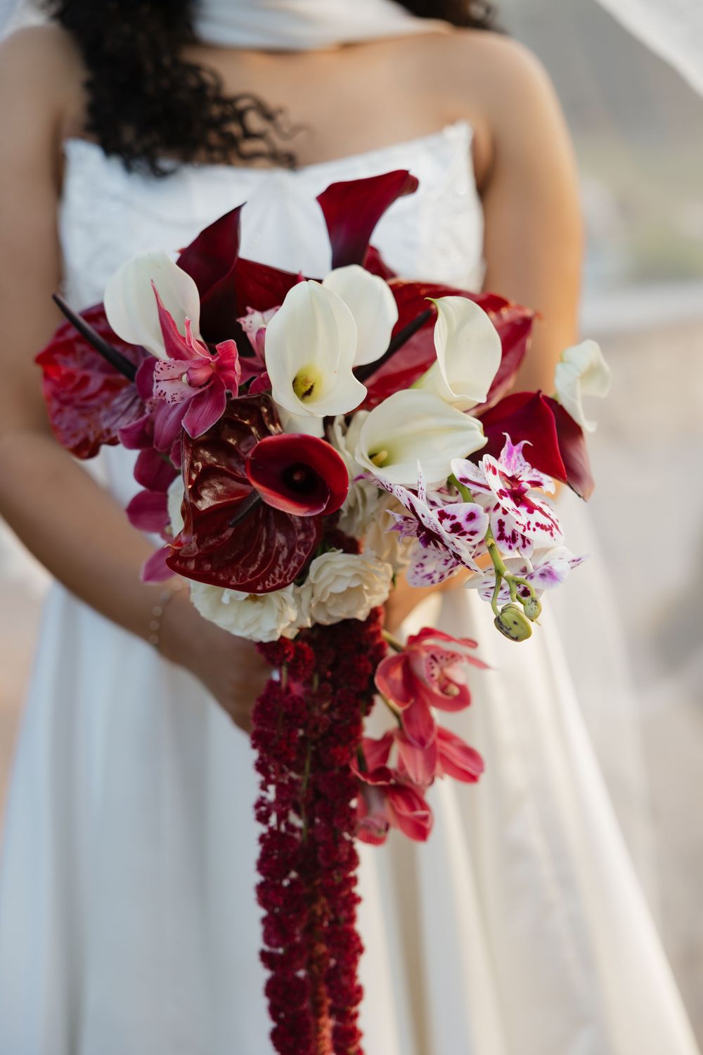 Cascading burgundy and white wedding bouquets featuring orchids and lilies create an elegant contrast against white dresses.