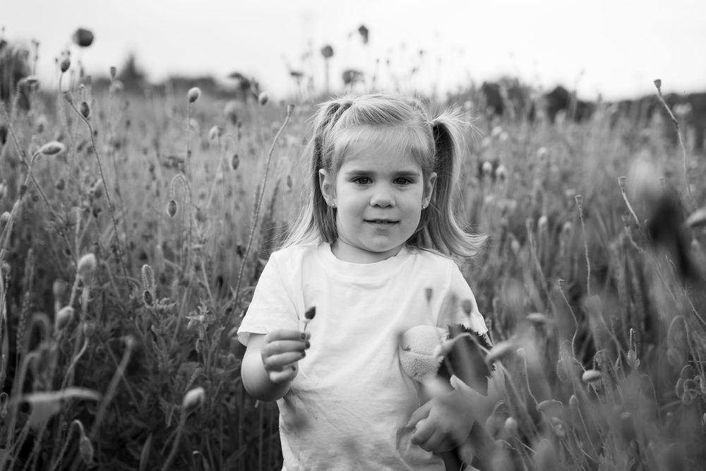 A collection of black and white photographs showing children playing in a wildflower meadow at different moments.